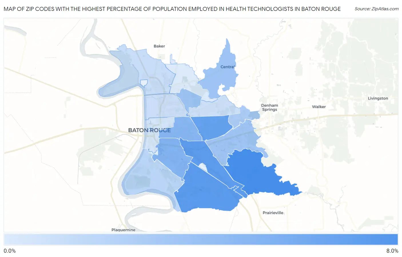 Zip Codes with the Highest Percentage of Population Employed in Health Technologists in Baton Rouge Map