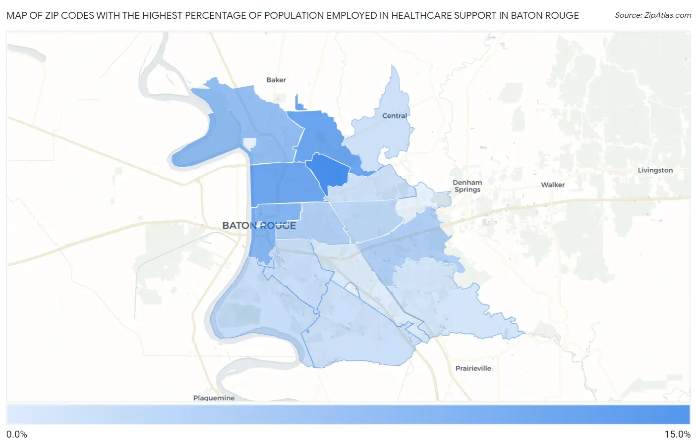 Zip Codes with the Highest Percentage of Population Employed in Healthcare Support in Baton Rouge Map