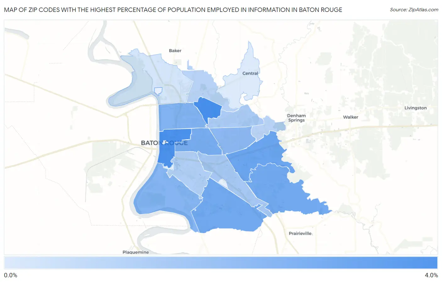Zip Codes with the Highest Percentage of Population Employed in Information in Baton Rouge Map