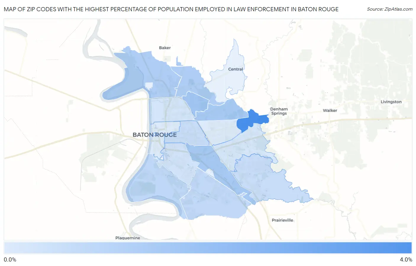 Zip Codes with the Highest Percentage of Population Employed in Law Enforcement in Baton Rouge Map