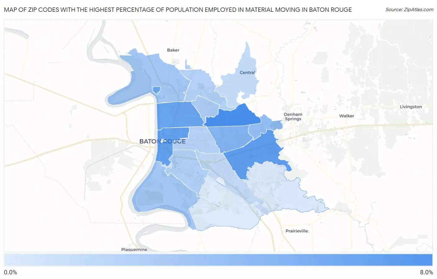 Zip Codes with the Highest Percentage of Population Employed in Material Moving in Baton Rouge Map
