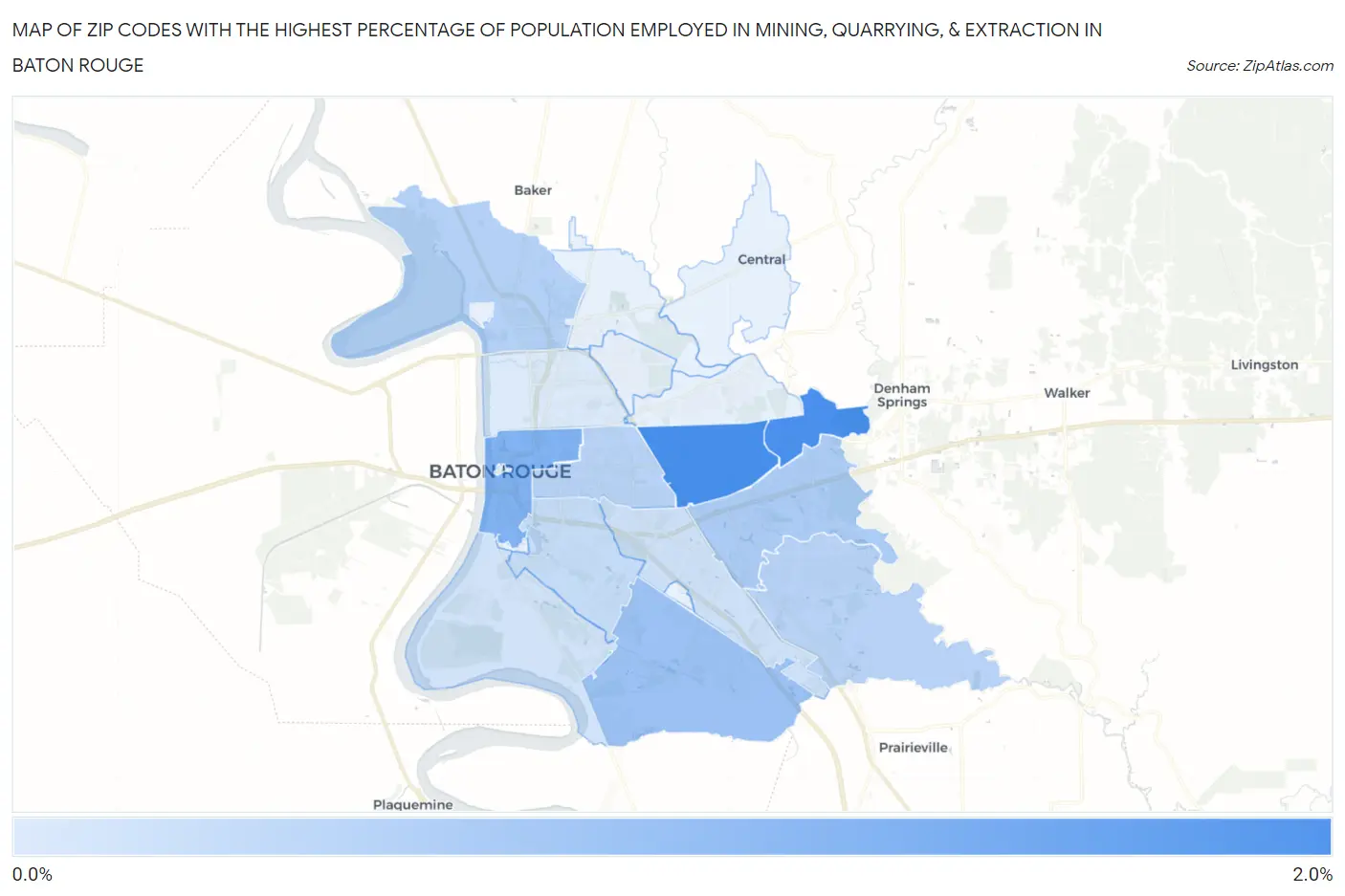Zip Codes with the Highest Percentage of Population Employed in Mining, Quarrying, & Extraction in Baton Rouge Map