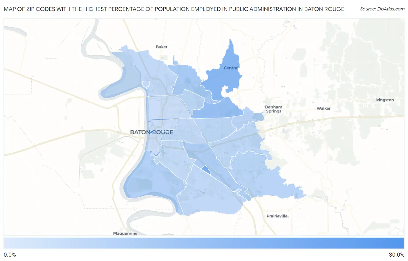 Zip Codes with the Highest Percentage of Population Employed in Public Administration in Baton Rouge Map