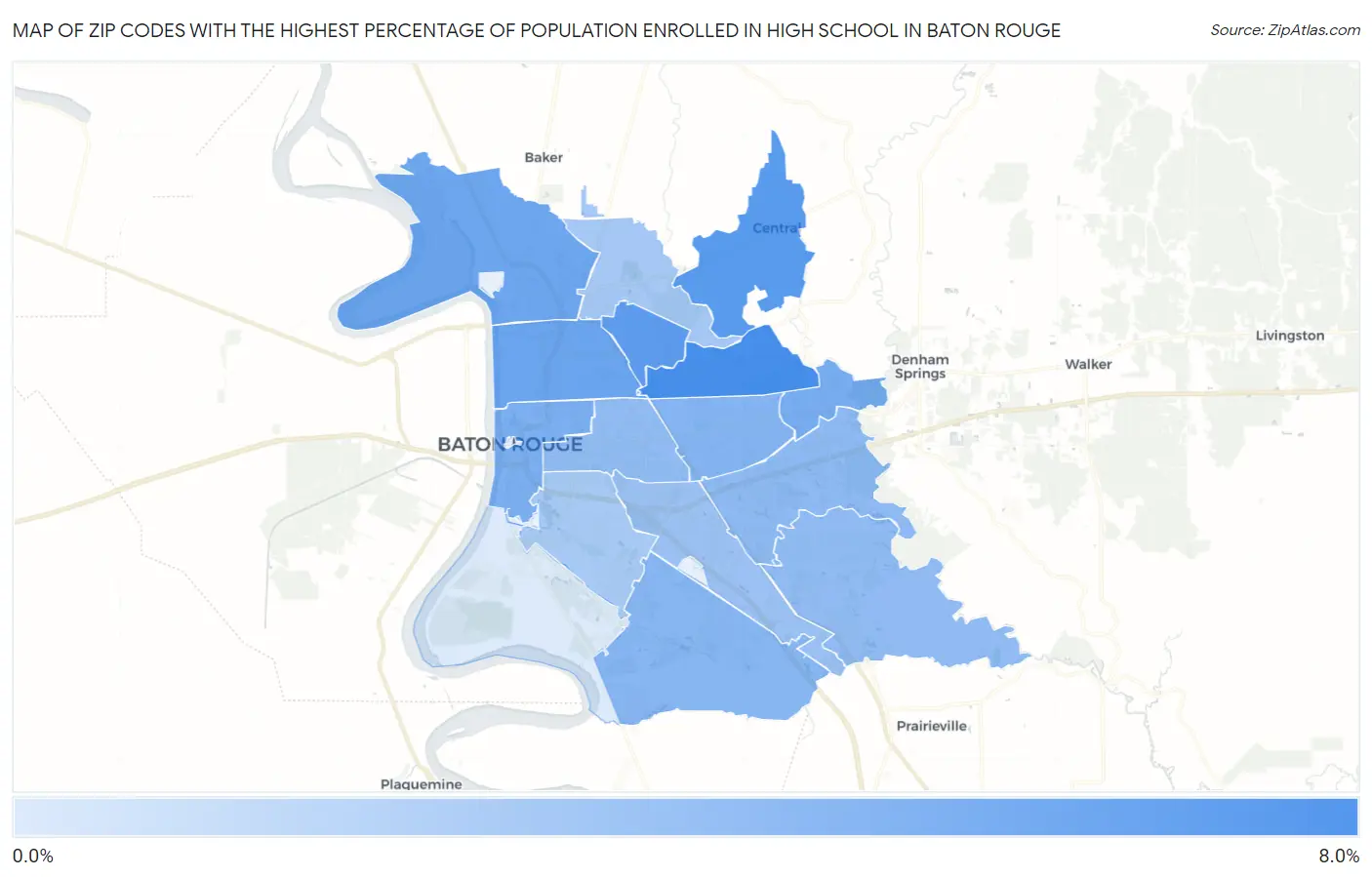 Zip Codes with the Highest Percentage of Population Enrolled in High School in Baton Rouge Map