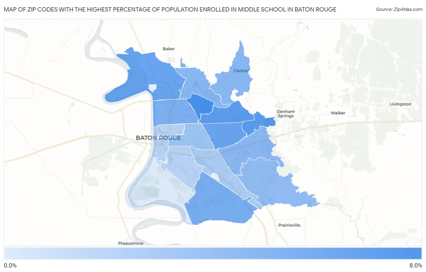 Zip Codes with the Highest Percentage of Population Enrolled in Middle School in Baton Rouge Map