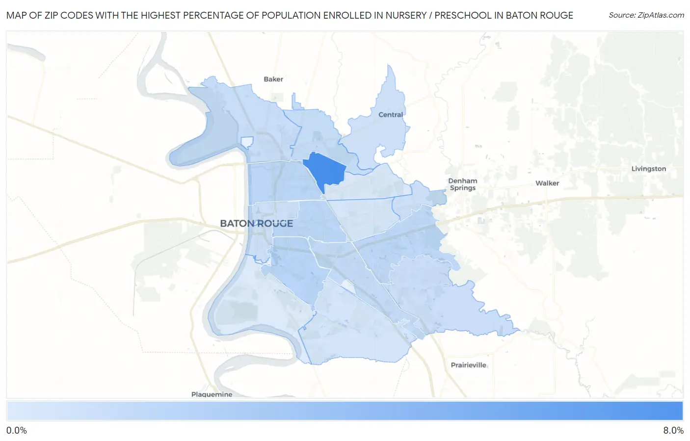 Zip Codes with the Highest Percentage of Population Enrolled in Nursery / Preschool in Baton Rouge Map