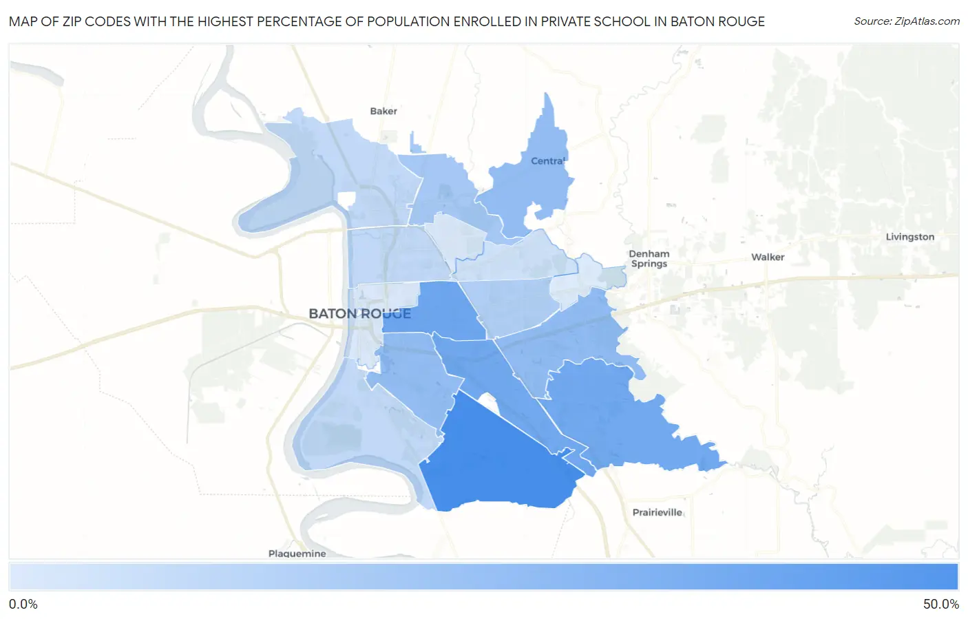 Zip Codes with the Highest Percentage of Population Enrolled in Private School in Baton Rouge Map