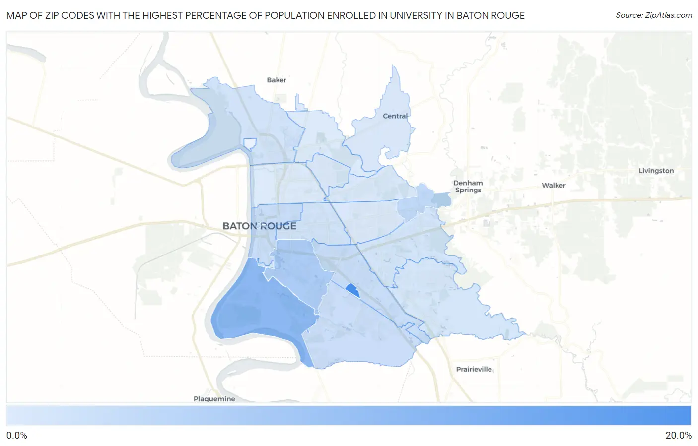 Zip Codes with the Highest Percentage of Population Enrolled in University in Baton Rouge Map