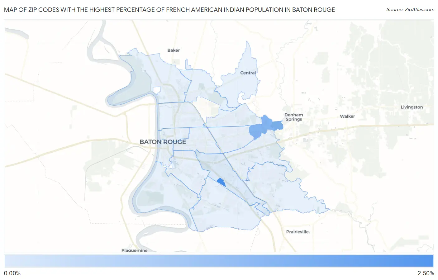 Zip Codes with the Highest Percentage of French American Indian Population in Baton Rouge Map
