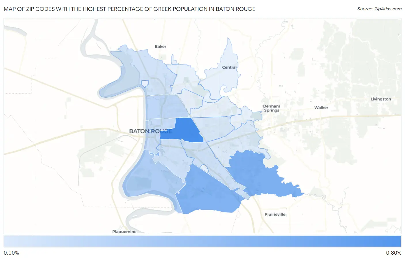 Zip Codes with the Highest Percentage of Greek Population in Baton Rouge Map