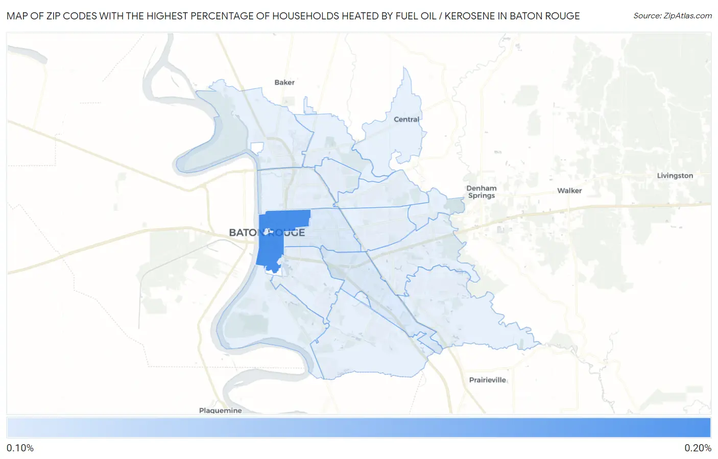 Zip Codes with the Highest Percentage of Households Heated by Fuel Oil / Kerosene in Baton Rouge Map