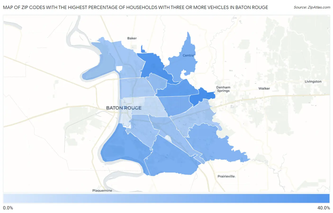 Zip Codes with the Highest Percentage of Households With Three or more Vehicles in Baton Rouge Map