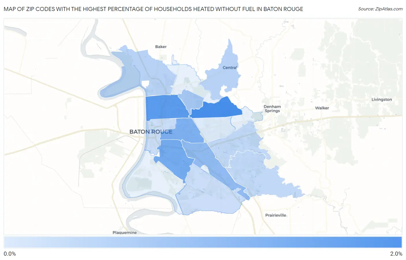 Zip Codes with the Highest Percentage of Households Heated without Fuel in Baton Rouge Map
