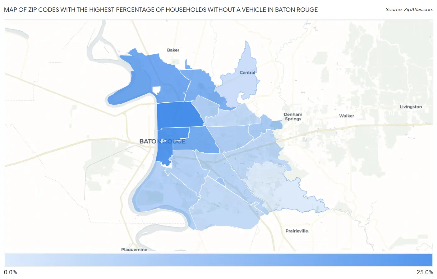 Zip Codes with the Highest Percentage of Households Without a Vehicle in Baton Rouge Map