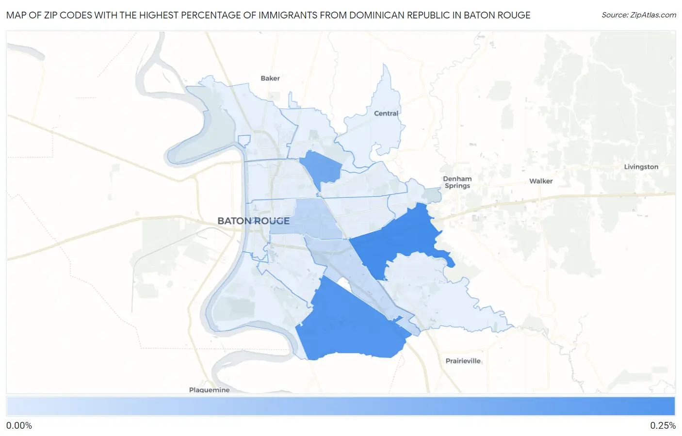Zip Codes with the Highest Percentage of Immigrants from Dominican Republic in Baton Rouge Map