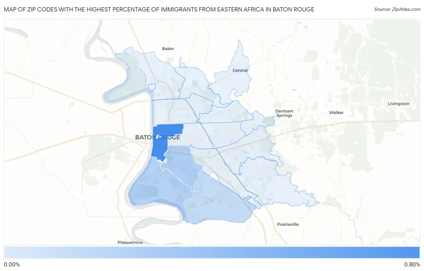 Zip Codes with the Highest Percentage of Immigrants from Eastern Africa in Baton Rouge Map