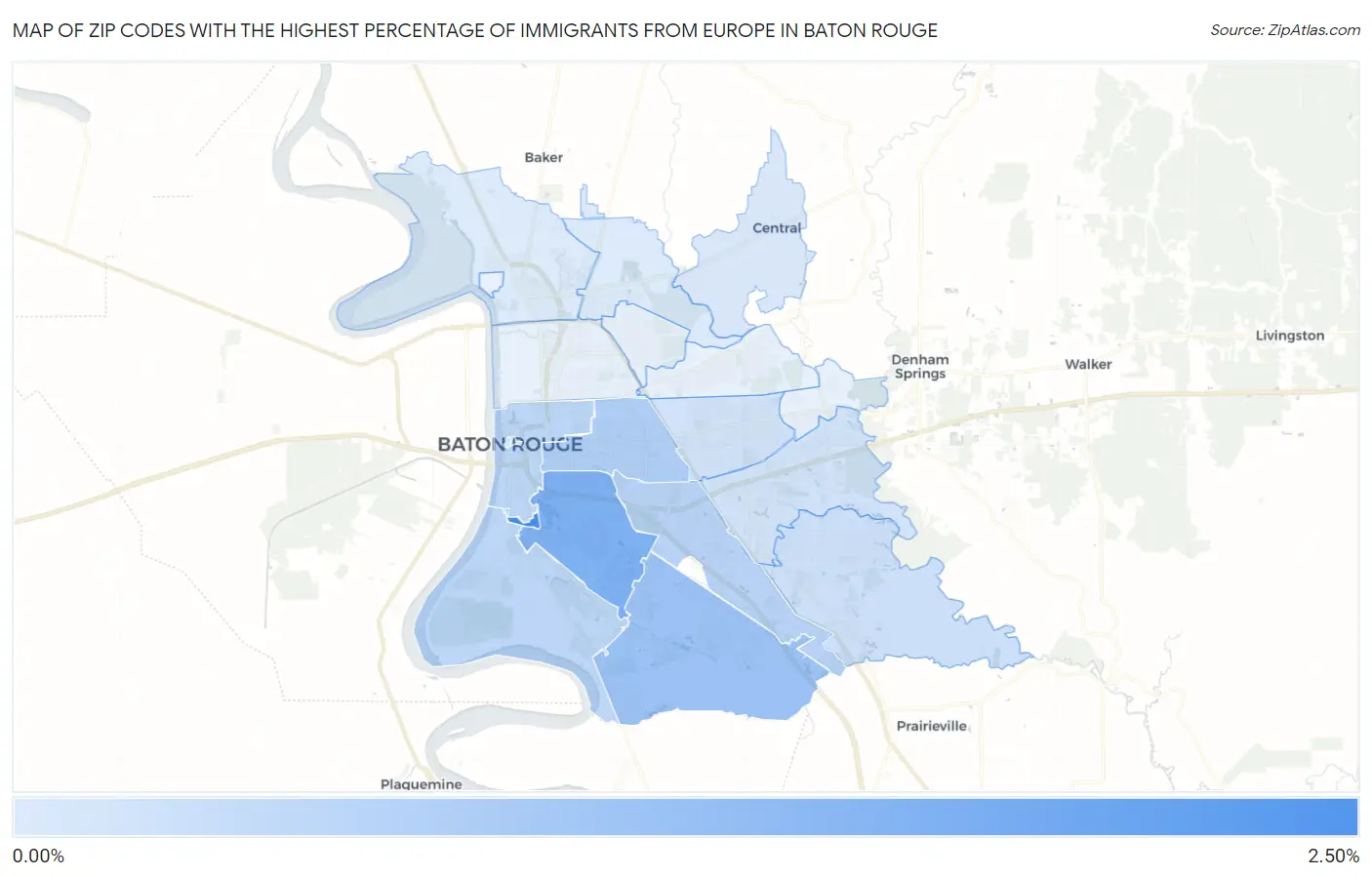 Zip Codes with the Highest Percentage of Immigrants from Europe in Baton Rouge Map