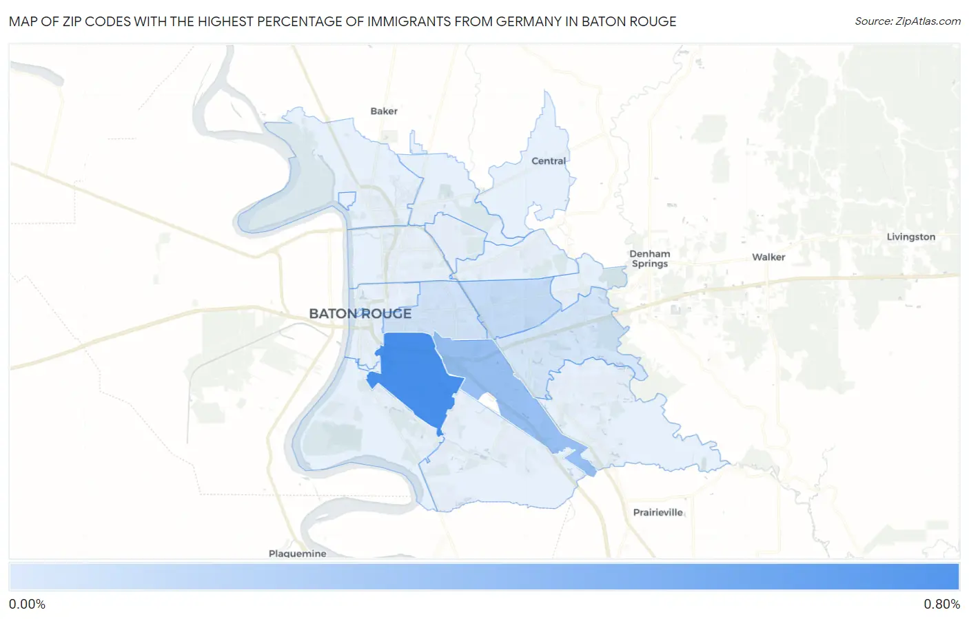 Zip Codes with the Highest Percentage of Immigrants from Germany in Baton Rouge Map