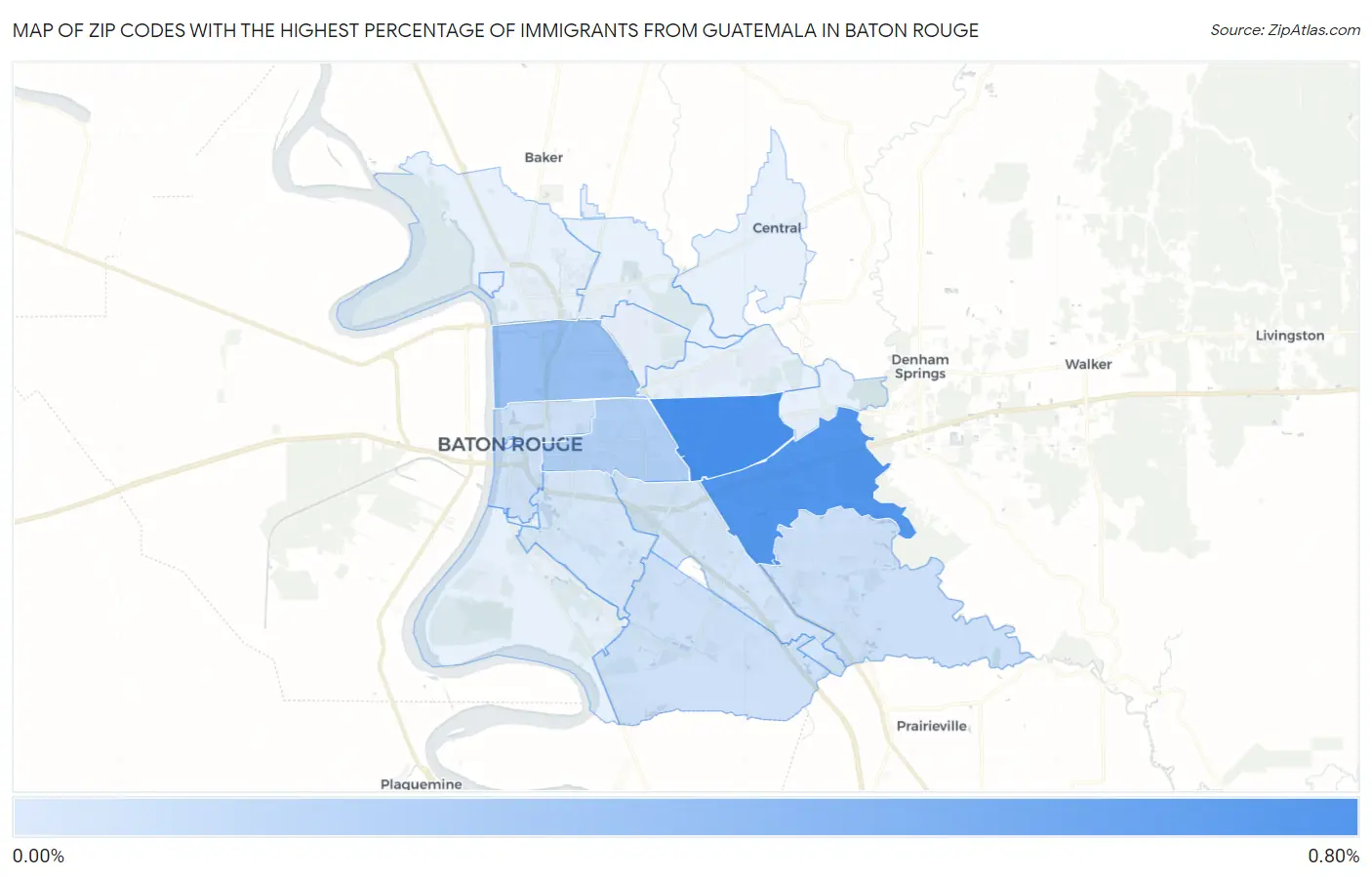 Zip Codes with the Highest Percentage of Immigrants from Guatemala in Baton Rouge Map