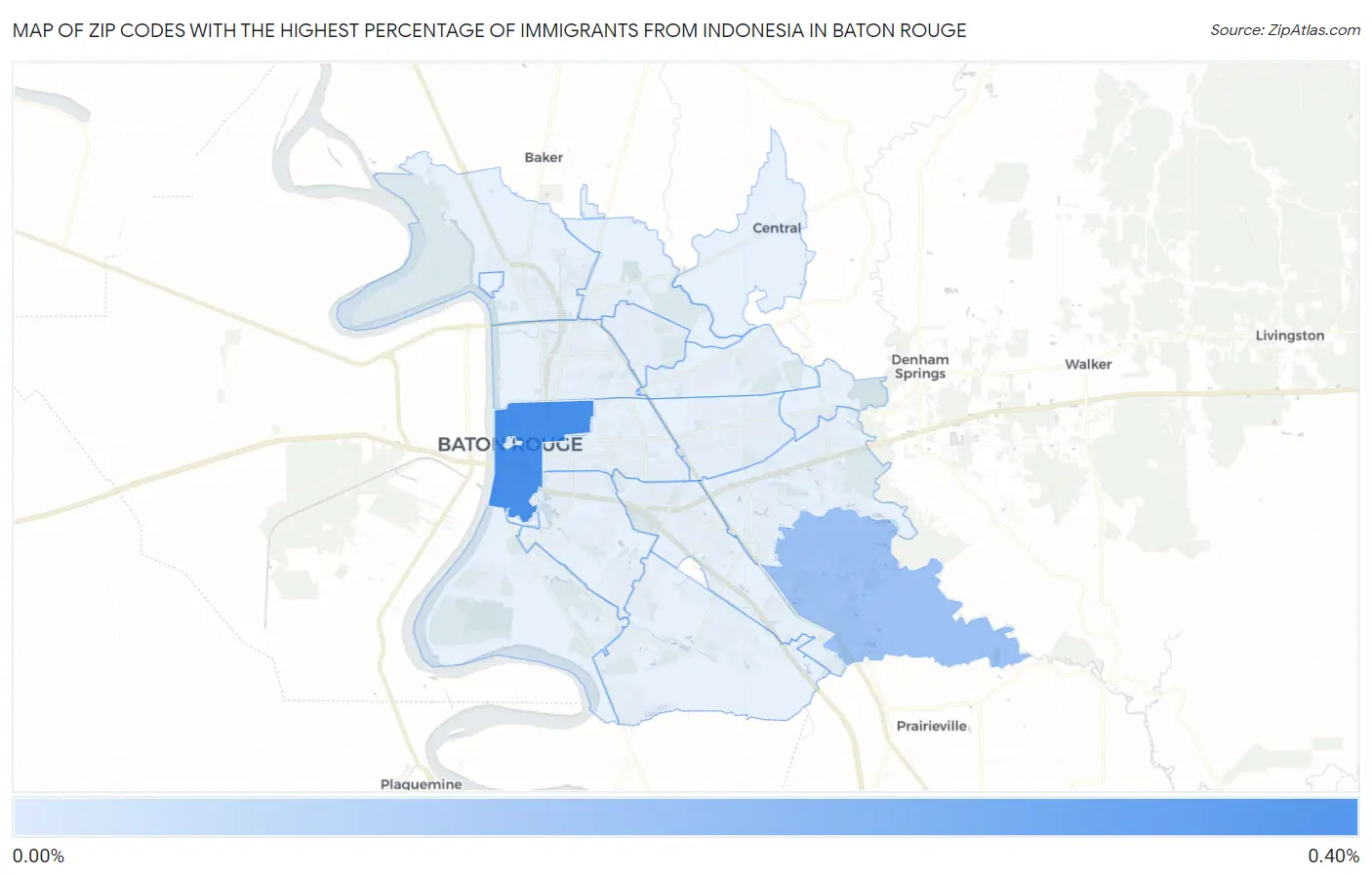Zip Codes with the Highest Percentage of Immigrants from Indonesia in Baton Rouge Map