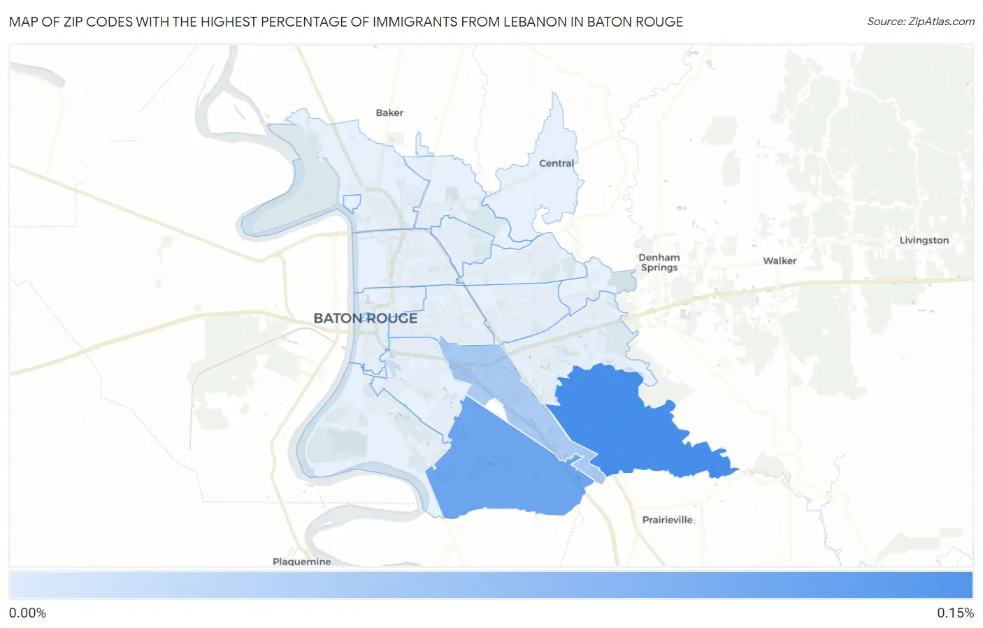 Zip Codes with the Highest Percentage of Immigrants from Lebanon in Baton Rouge Map
