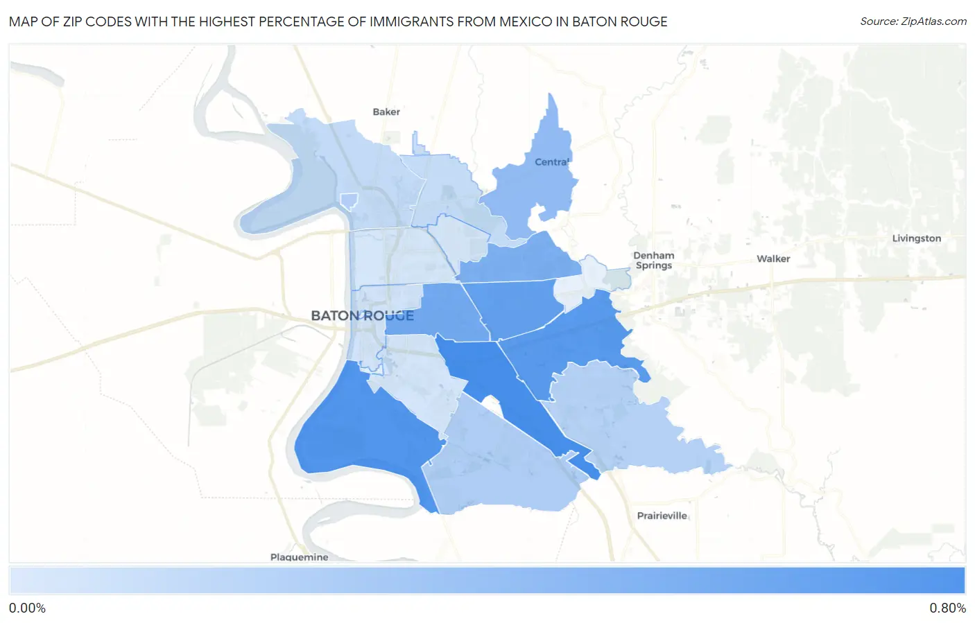 Zip Codes with the Highest Percentage of Immigrants from Mexico in Baton Rouge Map
