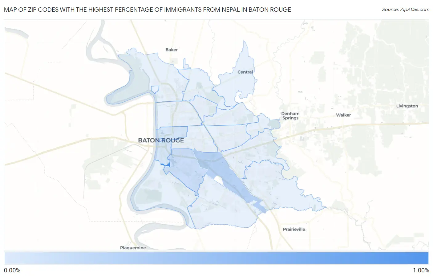 Zip Codes with the Highest Percentage of Immigrants from Nepal in Baton Rouge Map