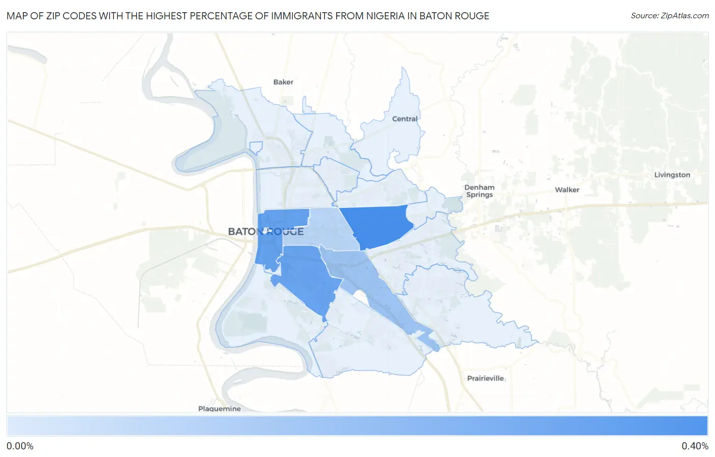 Zip Codes with the Highest Percentage of Immigrants from Nigeria in Baton Rouge Map