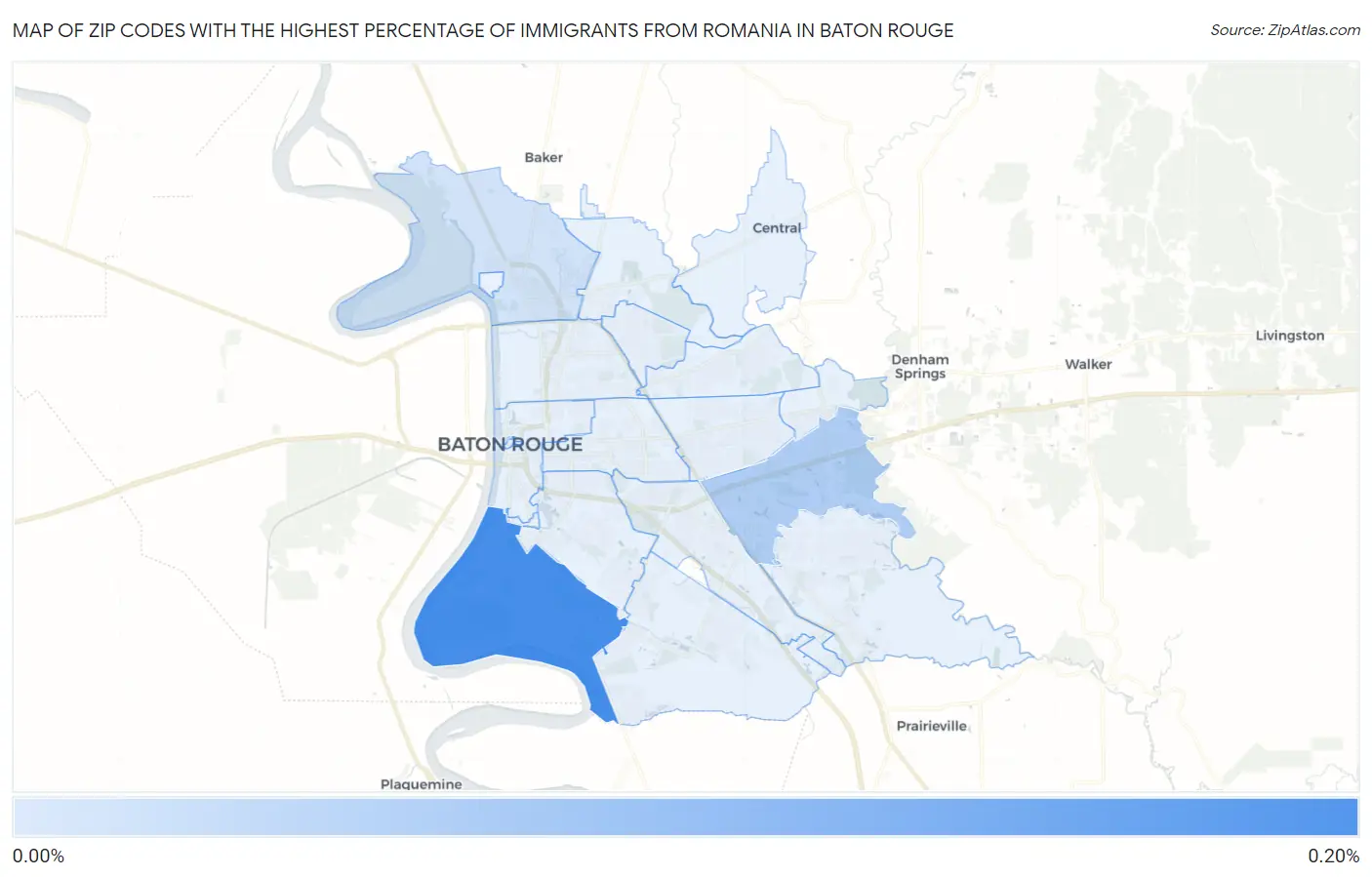 Zip Codes with the Highest Percentage of Immigrants from Romania in Baton Rouge Map