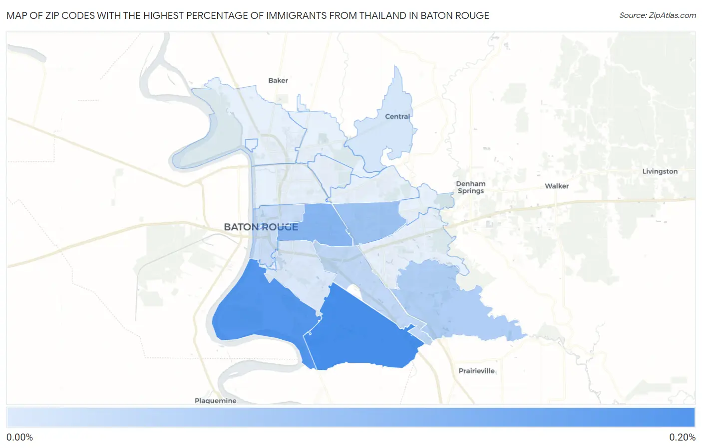 Zip Codes with the Highest Percentage of Immigrants from Thailand in Baton Rouge Map