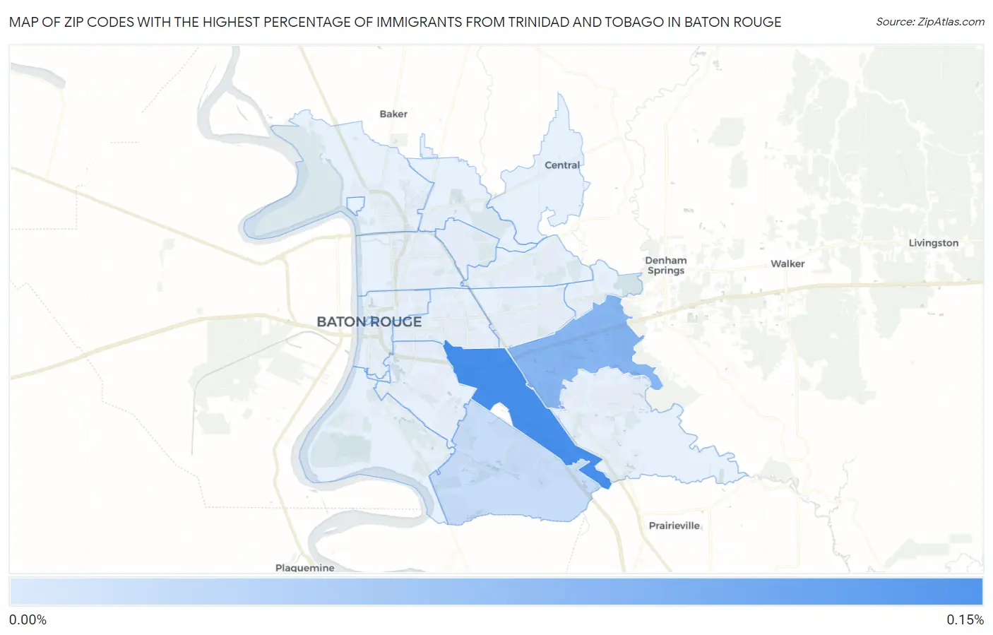 Zip Codes with the Highest Percentage of Immigrants from Trinidad and Tobago in Baton Rouge Map