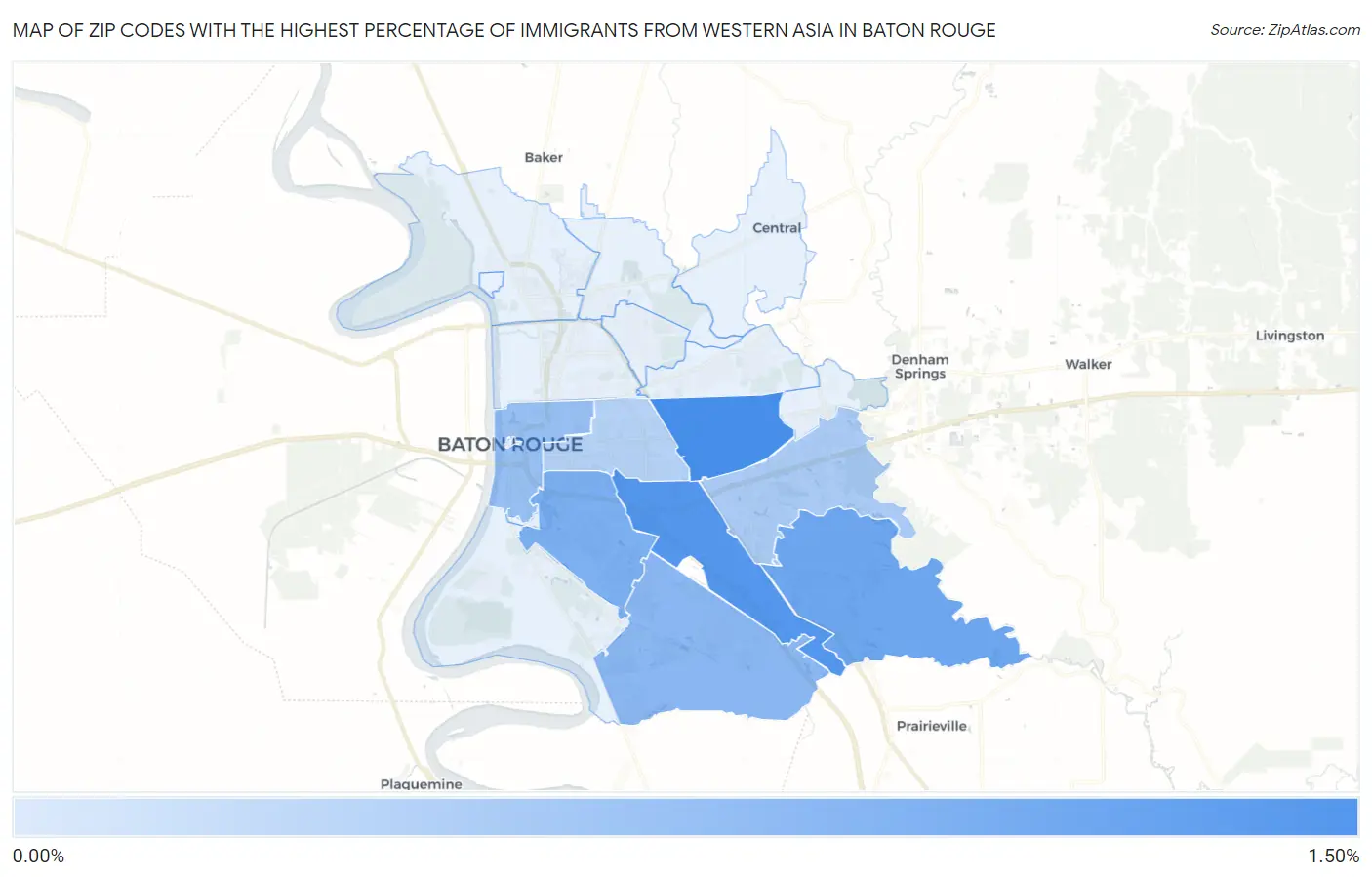 Zip Codes with the Highest Percentage of Immigrants from Western Asia in Baton Rouge Map