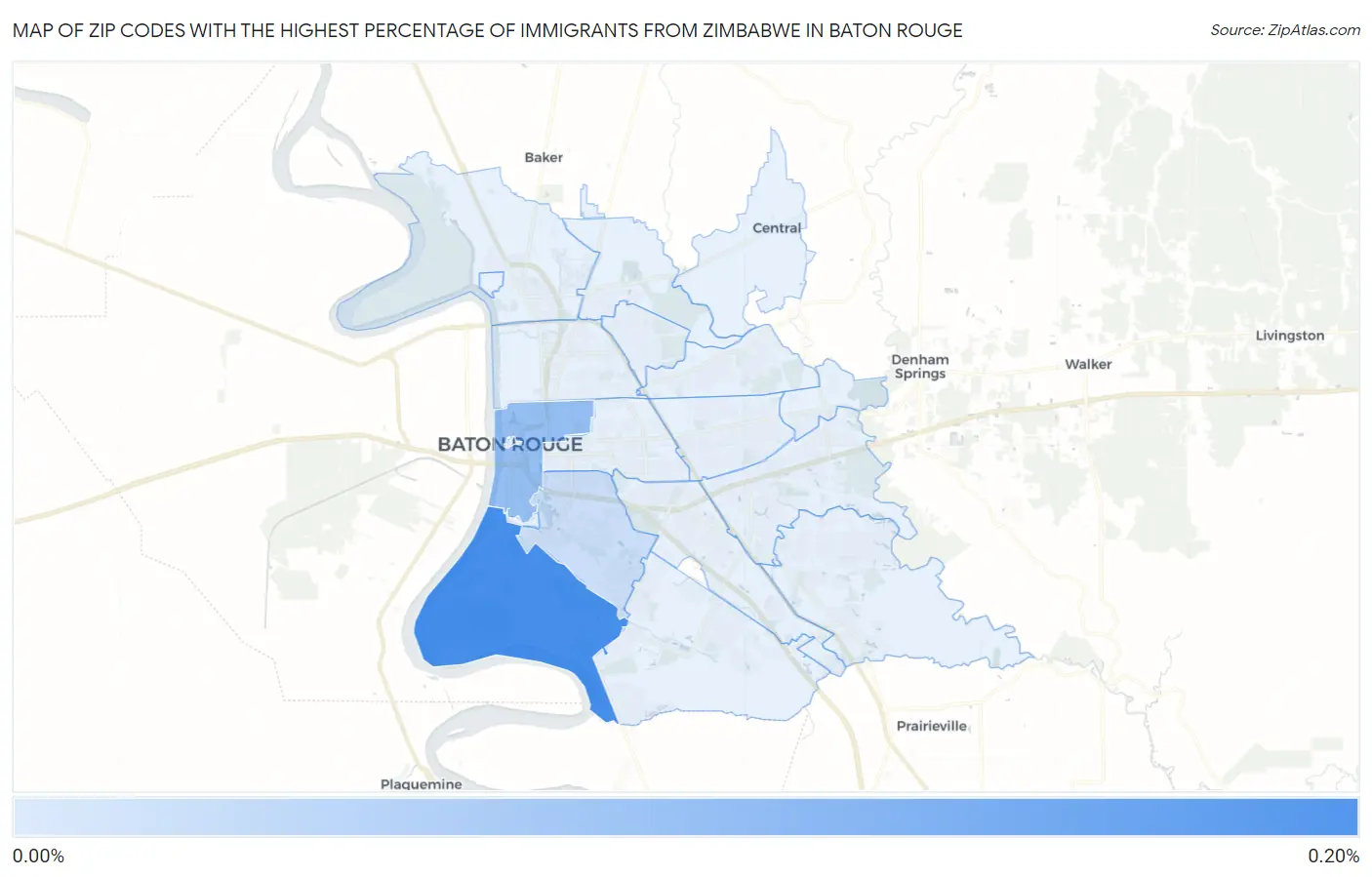Zip Codes with the Highest Percentage of Immigrants from Zimbabwe in Baton Rouge Map