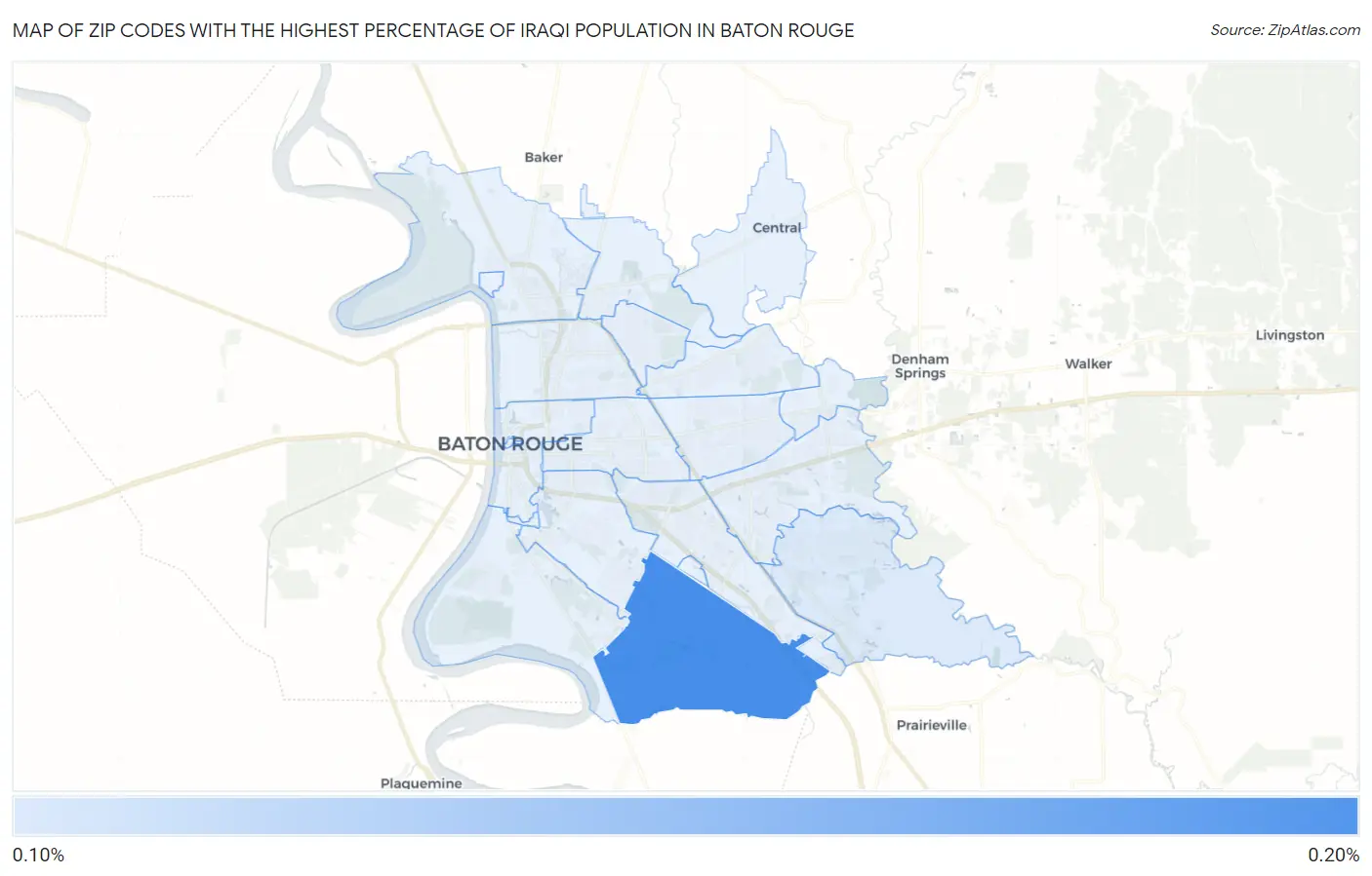 Zip Codes with the Highest Percentage of Iraqi Population in Baton Rouge Map