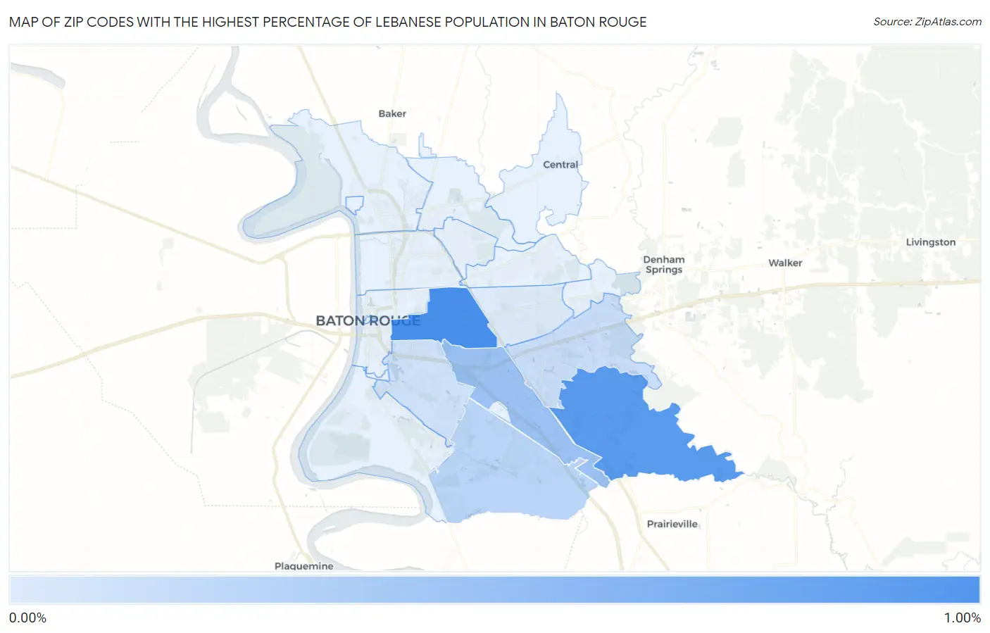 Zip Codes with the Highest Percentage of Lebanese Population in Baton Rouge Map