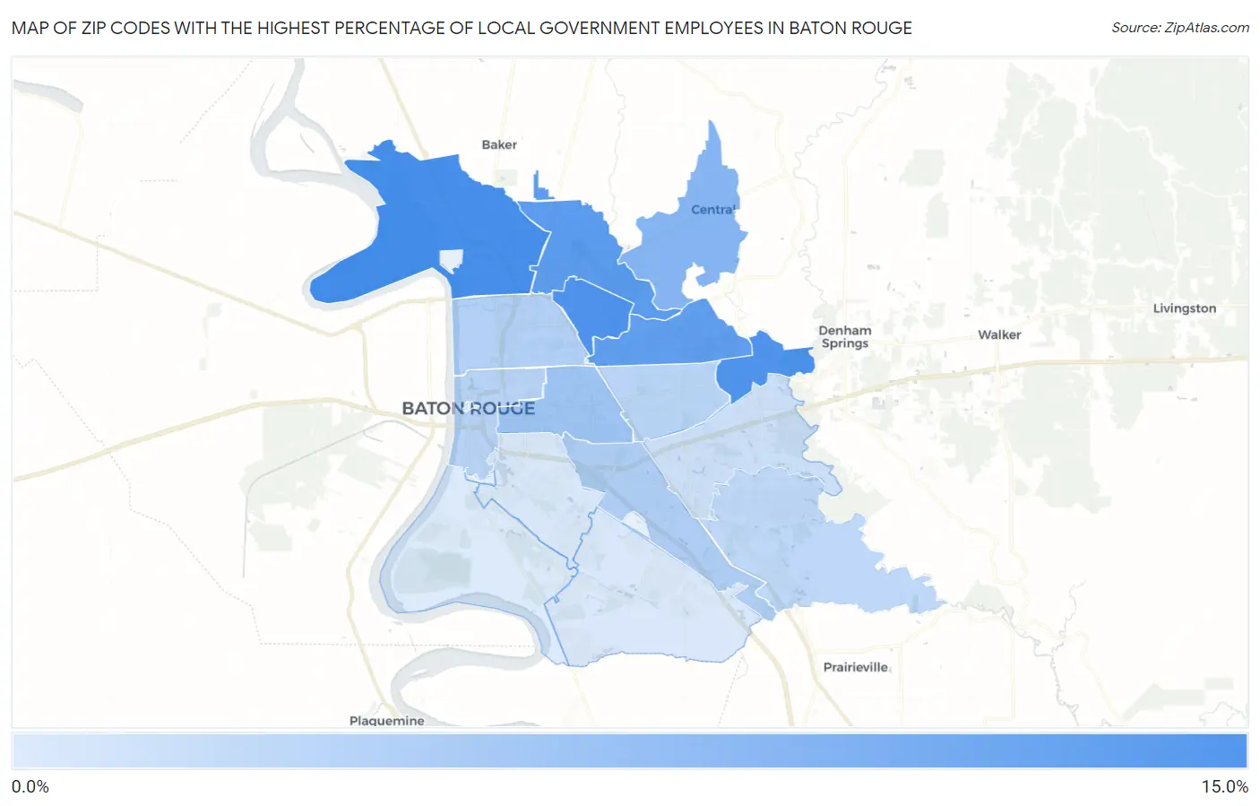 Zip Codes with the Highest Percentage of Local Government Employees in Baton Rouge Map