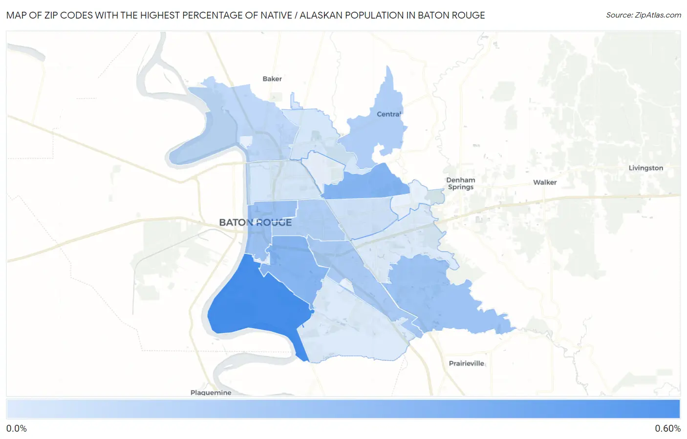 Zip Codes with the Highest Percentage of Native / Alaskan Population in Baton Rouge Map