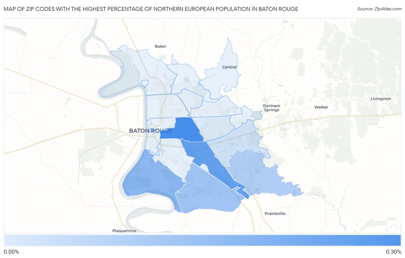 Zip Codes with the Highest Percentage of Northern European Population in Baton Rouge Map