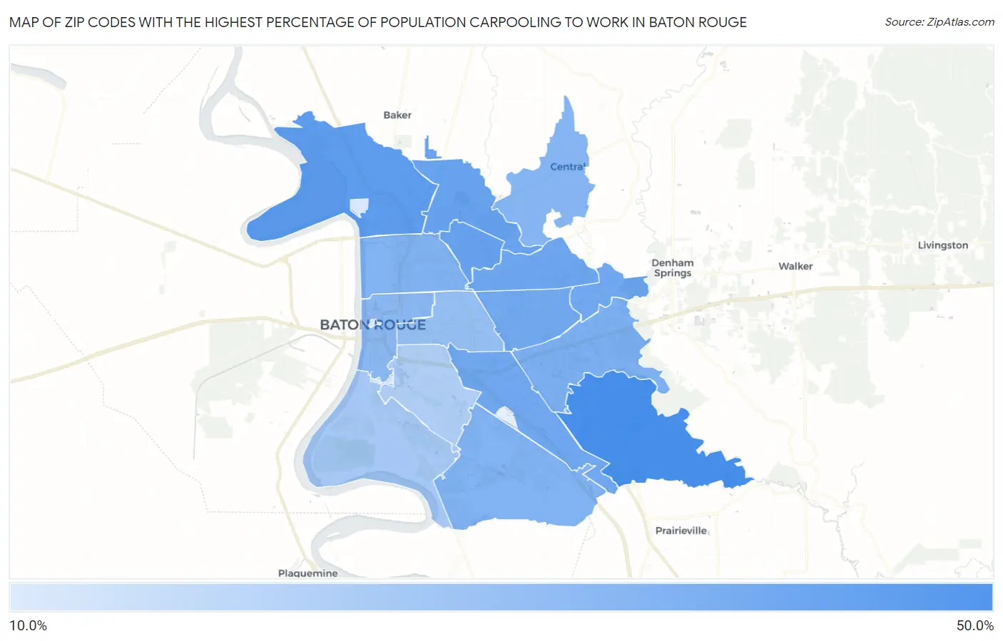 Zip Codes with the Highest Percentage of Population Carpooling to Work in Baton Rouge Map