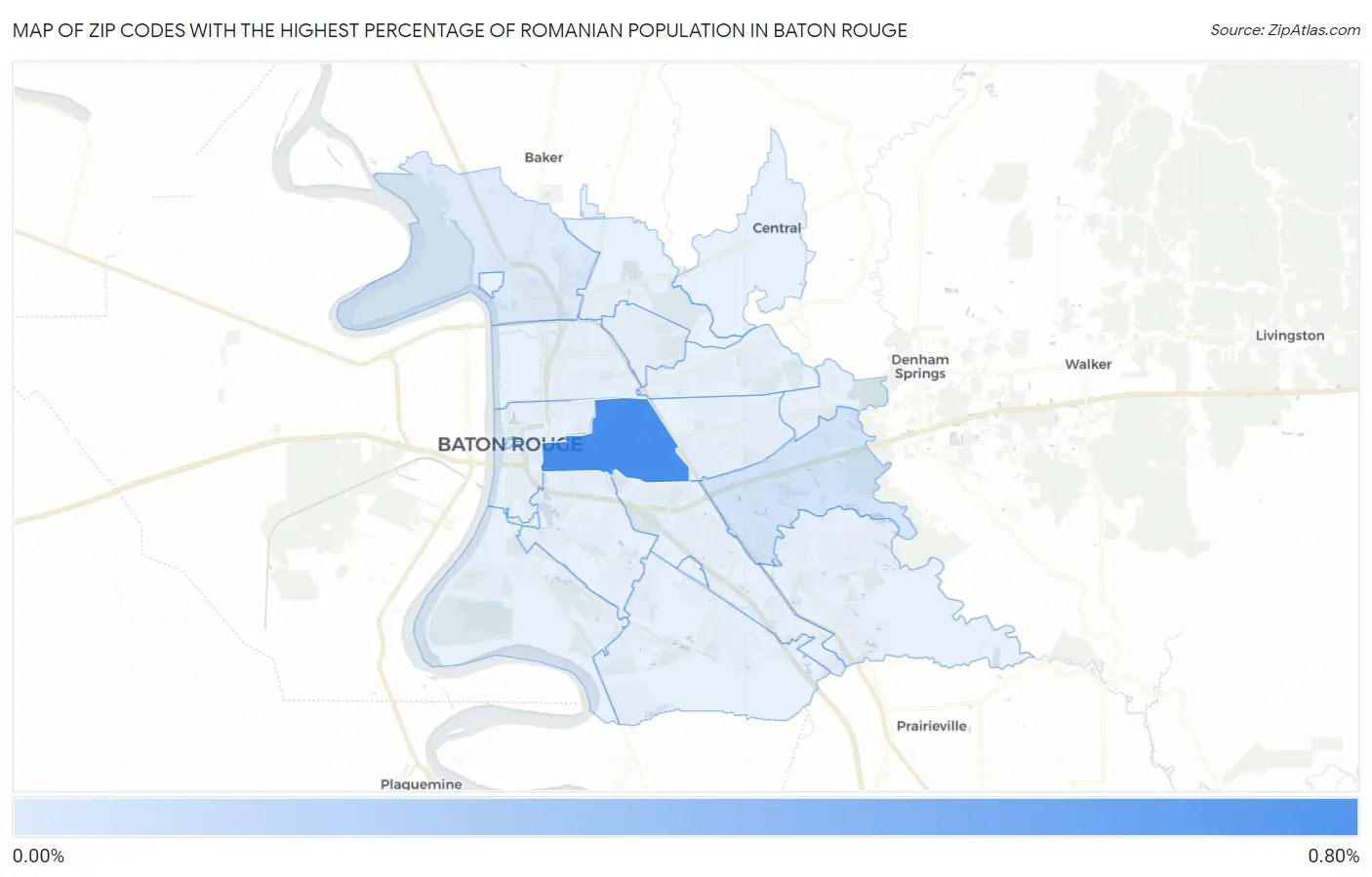 Zip Codes with the Highest Percentage of Romanian Population in Baton Rouge Map