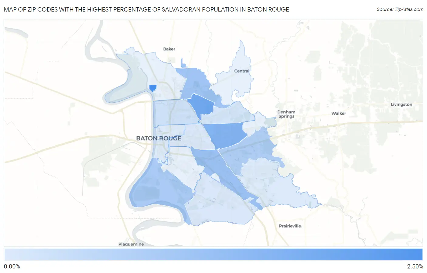 Zip Codes with the Highest Percentage of Salvadoran Population in Baton Rouge Map