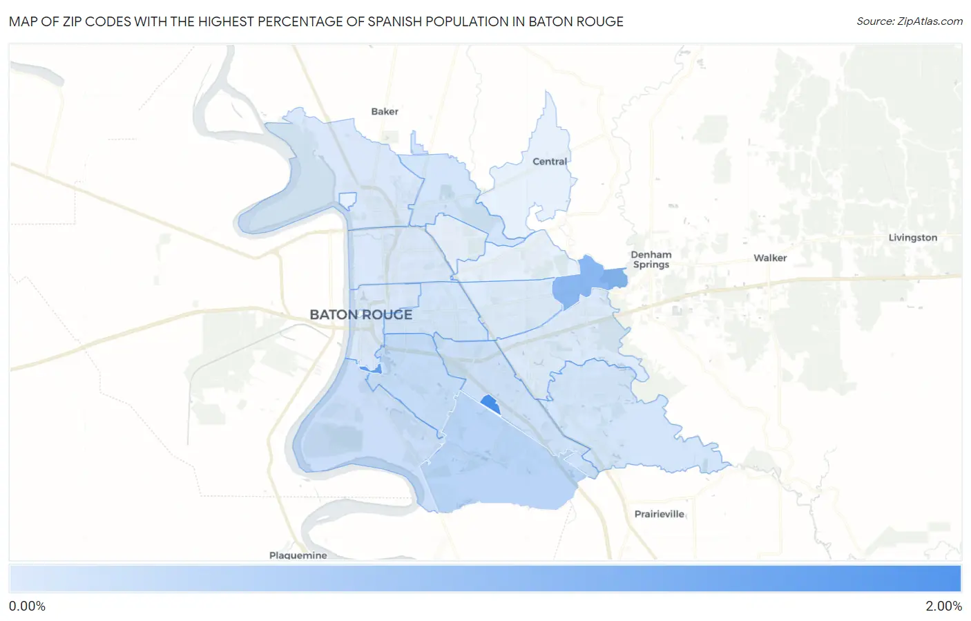 Zip Codes with the Highest Percentage of Spanish Population in Baton Rouge Map