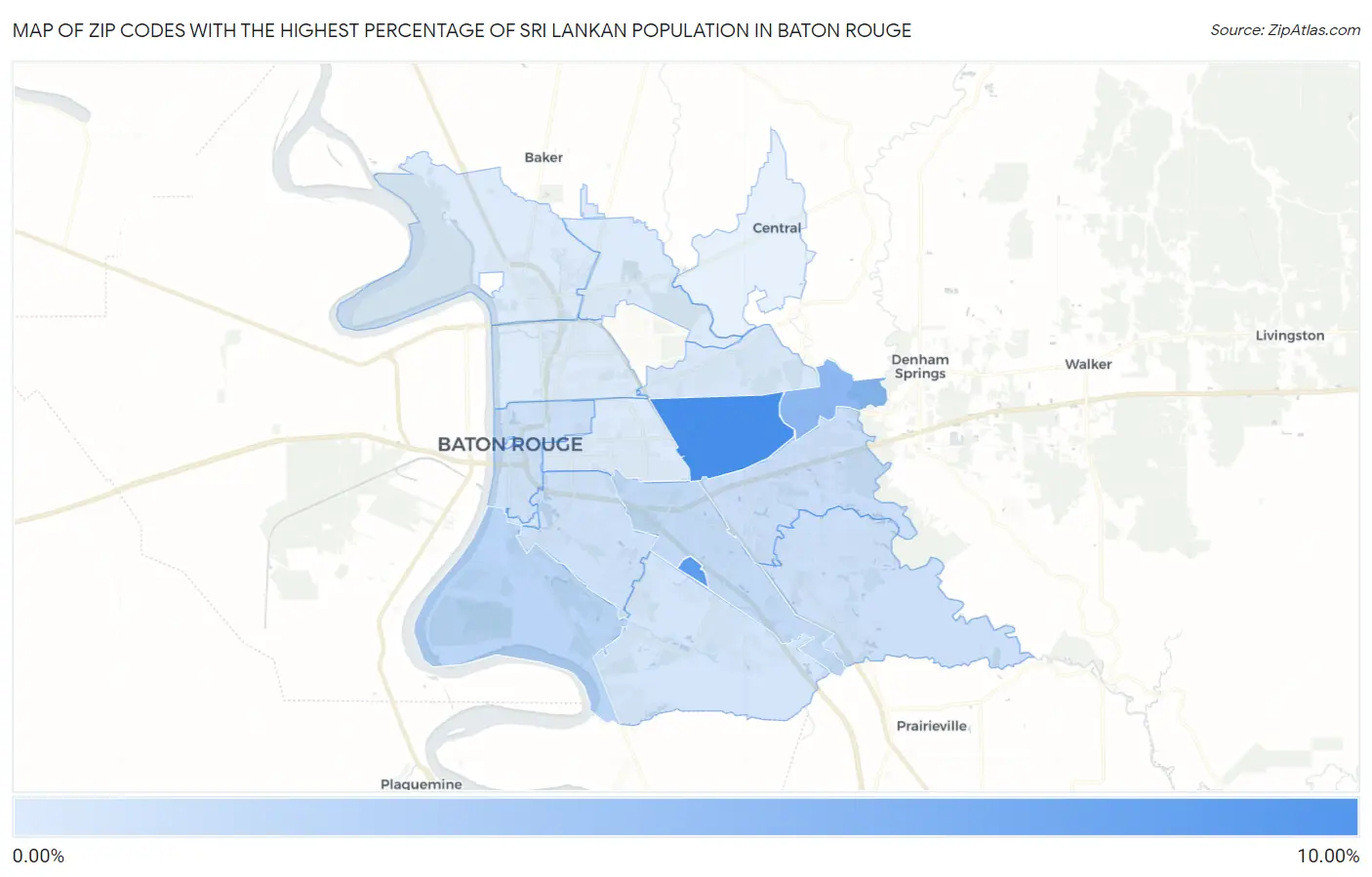 Zip Codes with the Highest Percentage of Sri Lankan Population in Baton Rouge Map