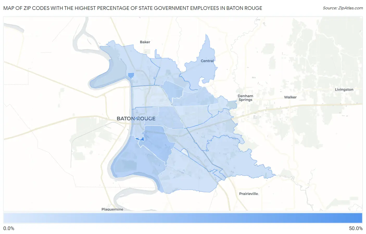 Zip Codes with the Highest Percentage of State Government Employees in Baton Rouge Map