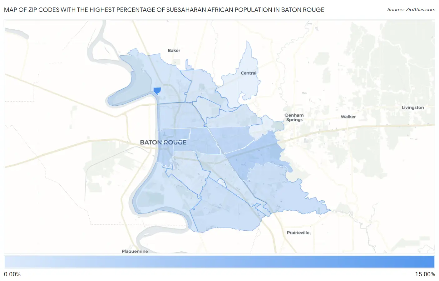 Zip Codes with the Highest Percentage of Subsaharan African Population in Baton Rouge Map