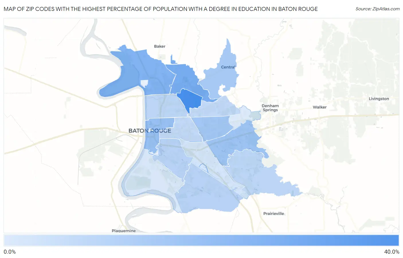 Zip Codes with the Highest Percentage of Population with a Degree in Education in Baton Rouge Map