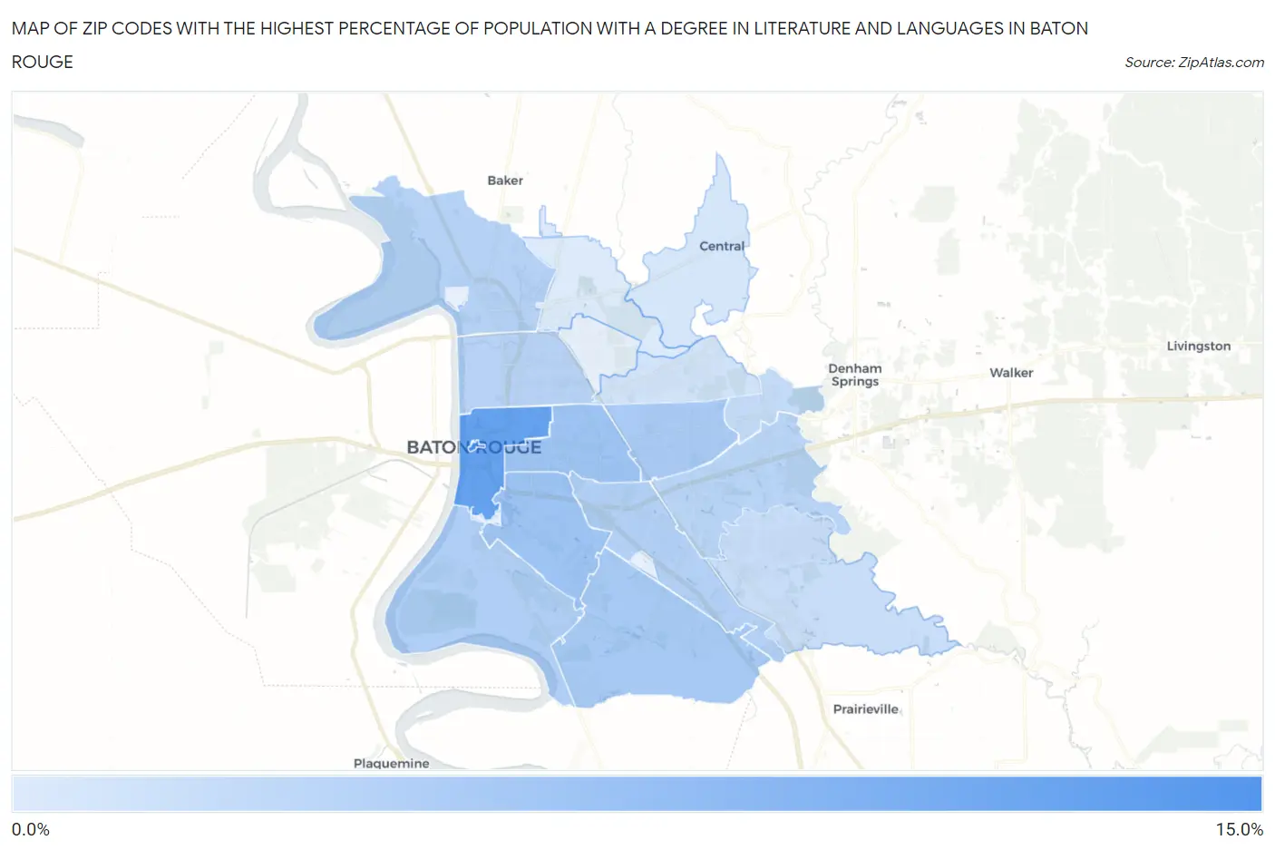 Zip Codes with the Highest Percentage of Population with a Degree in Literature and Languages in Baton Rouge Map