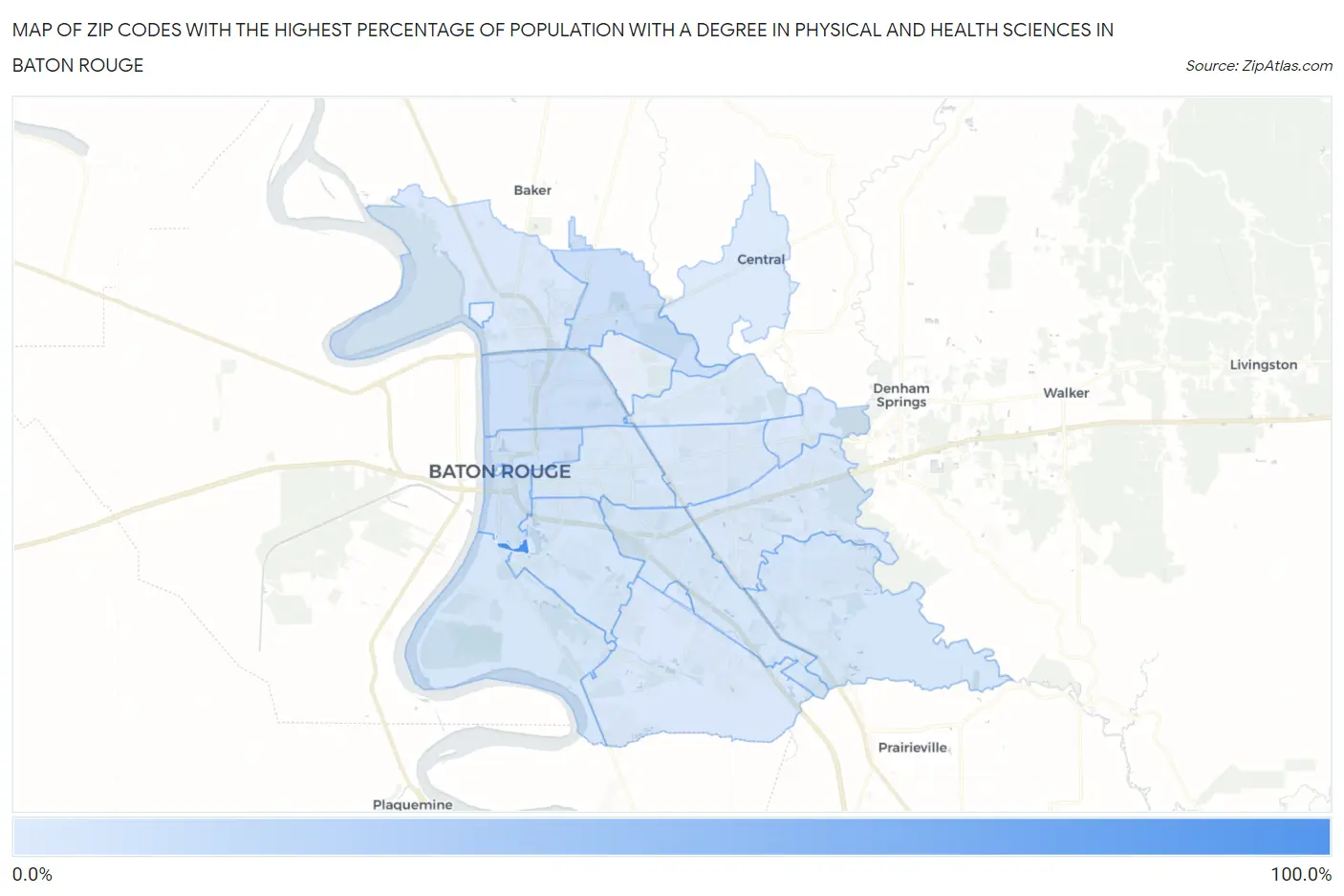 Zip Codes with the Highest Percentage of Population with a Degree in Physical and Health Sciences in Baton Rouge Map