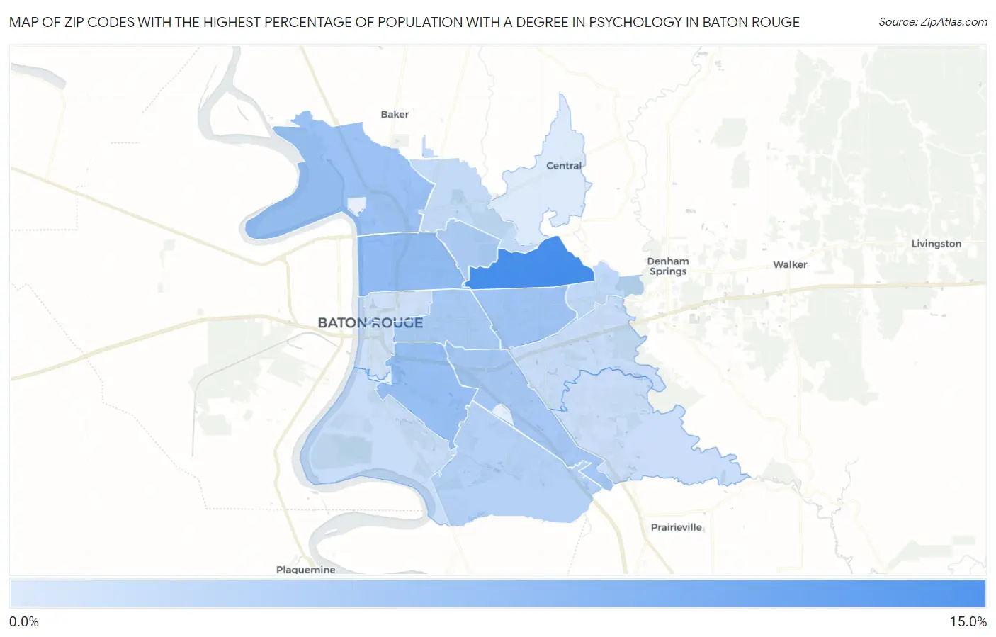 Zip Codes with the Highest Percentage of Population with a Degree in Psychology in Baton Rouge Map