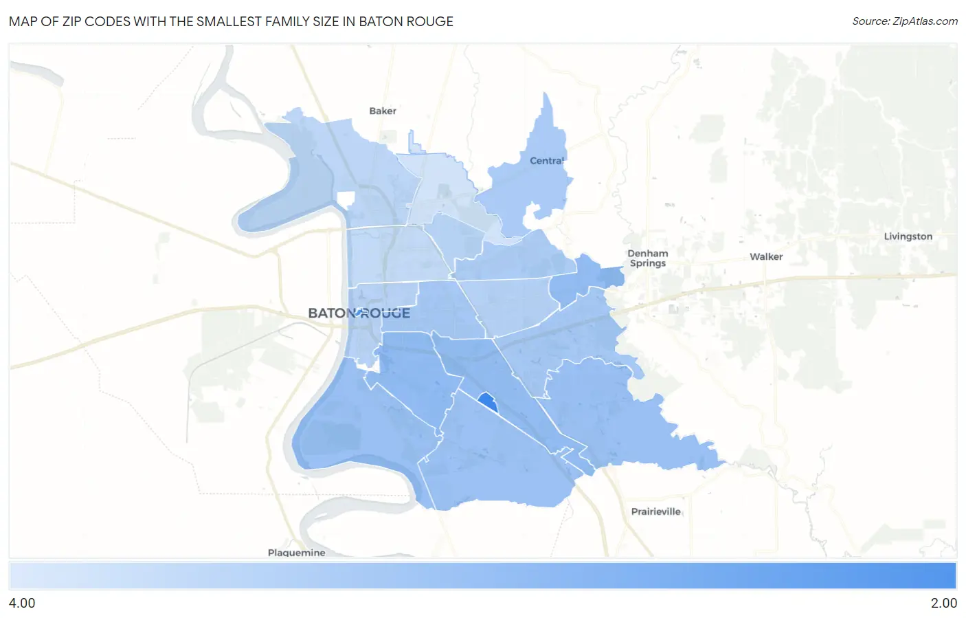 Zip Codes with the Smallest Family Size in Baton Rouge Map